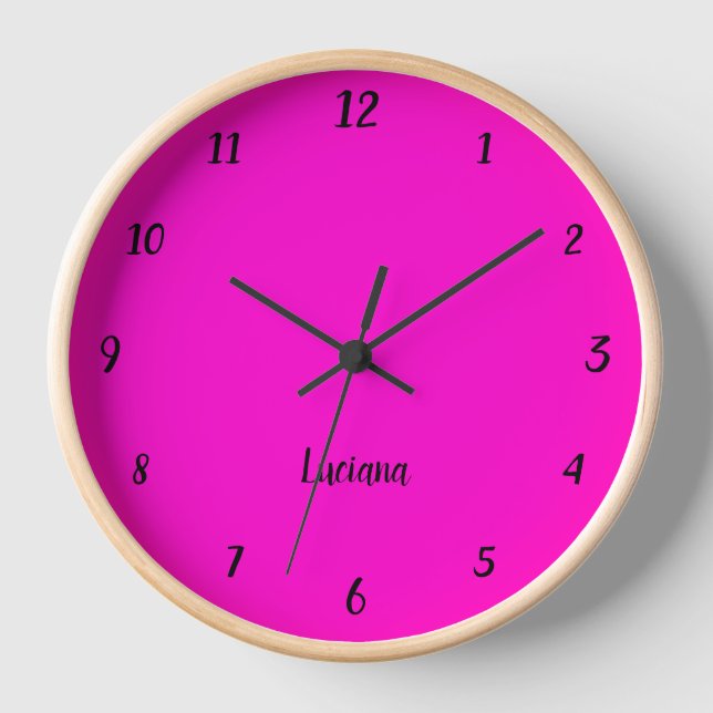 Elegant and Chic Neon Fuchsia and Black Name  Clock (Front)