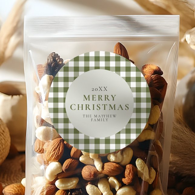 Elegant and Classic Green Gingham Christmas Round Sticker (Creator Uploaded)