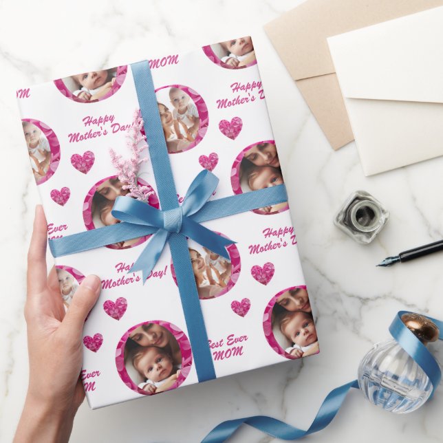 Elegant and Cute 2-Photo, Wish Pink Floral Hearts Wrapping Paper (Gifting)