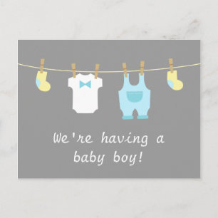Elegant and Cute Baby Boy Clothes Announcement Postcard