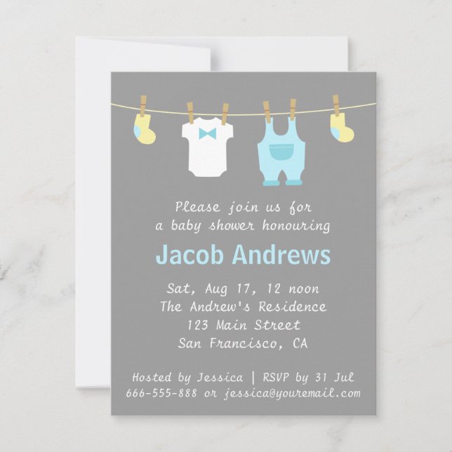 Elegant and Cute Baby Boy Shower, Blue and Grey Invitation (Front)