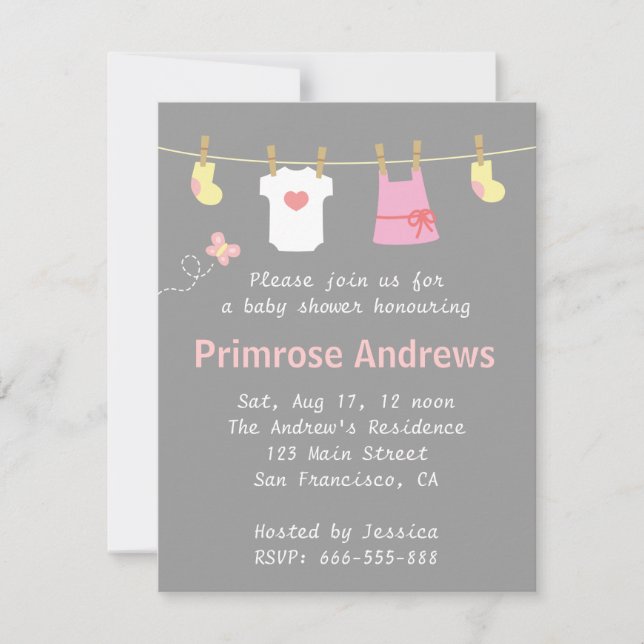 Elegant and Cute Girl Baby Shower, Grey background Invitation (Front)