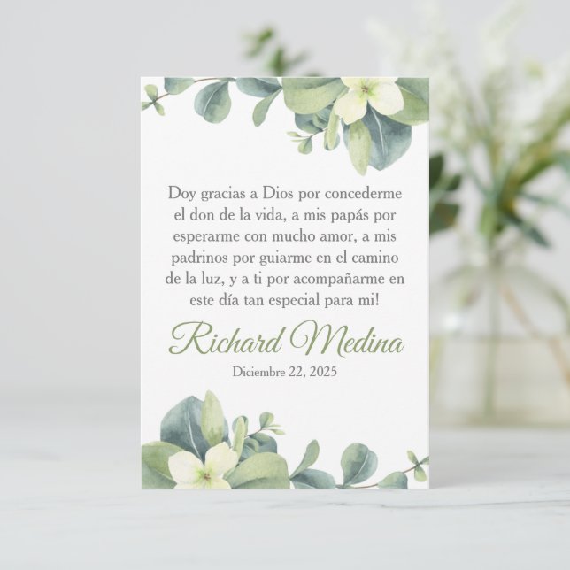 Elegant and Cute Green Leaves in Spanish Thank You Card (Standing Front)