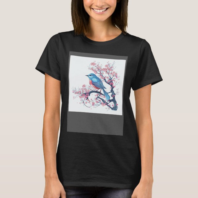 Elegant and Eye Catching Eastern Blue Bird on Blos T-Shirt (Front)