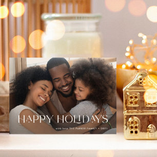 Elegant and Happy Holidays One Photo Navy Blue Holiday Card