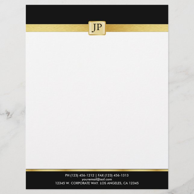Elegant and Modern black and Gold with Initials Customized Letterhead (Front)