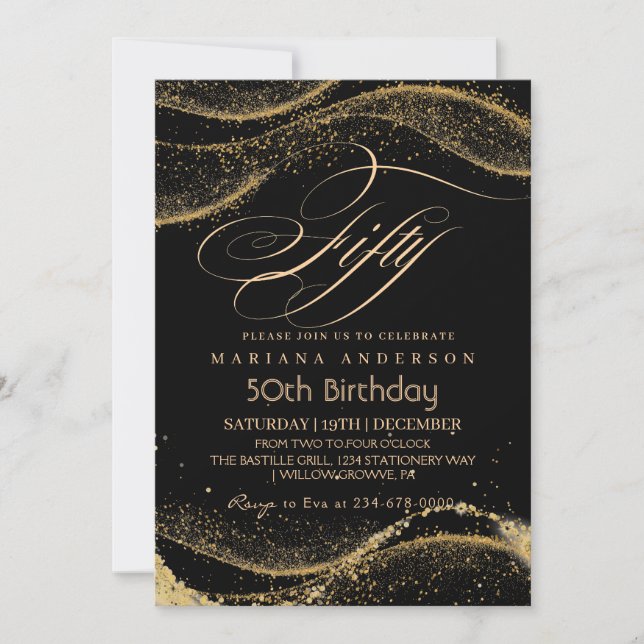 Elegant and modern Black gold 50th Birthday Invita Invitation (Front)