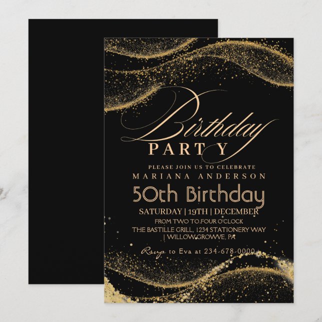 Elegant and modern Black gold 50th Birthday Invitation (Front/Back)