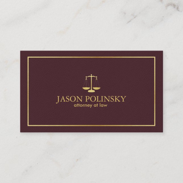 Elegant and Modern Burgundy Leather Attorney Business Card (Front)