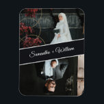 Elegant And Modern Custom 2 Photo Wedding Magnet<br><div class="desc">Celebrate love with this elegant custom wedding magnet featuring two personalised photos of the bride and groom with their names showcased in a stylish diagonal banner. A modern and timeless design, perfect for wedding favours, save the dates, or as a keepsake gift for family and friends. Easily personalise with your...</div>