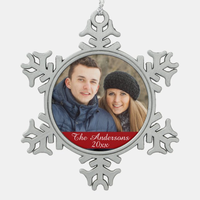 Elegant and Modern Custom Photo Snowflake Pewter Christmas Ornament (Front)