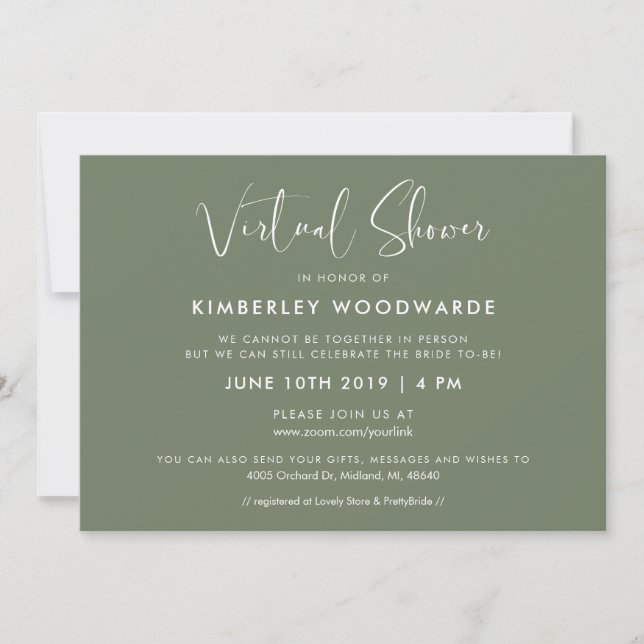 Elegant and modern Dark Sage Green Virtual shower Invitation (Front)