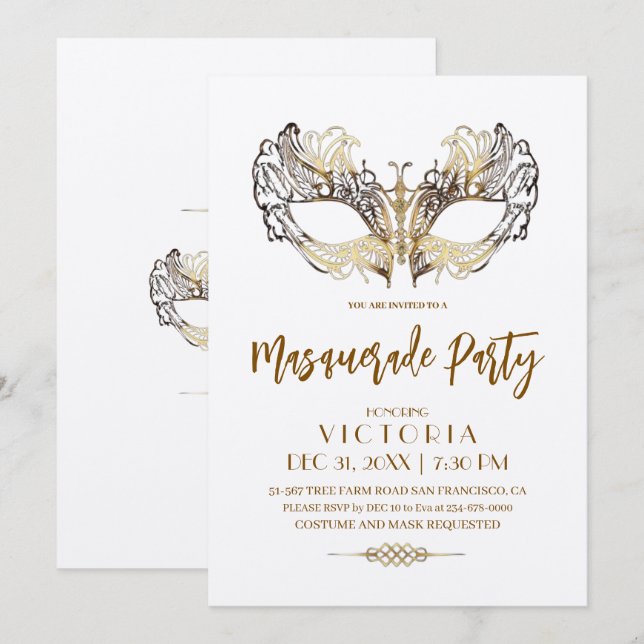 Elegant and Modern Gold Masquerade Party Birthday Invitation (Front/Back)