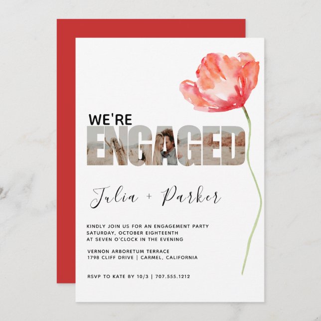 Elegant and Modern Poppy Red Engagement Party Invitation (Front/Back)