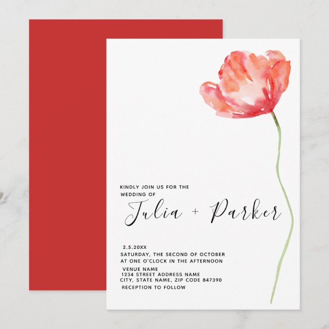 Elegant and Modern Poppy Red Wedding Invitation (Front/Back)