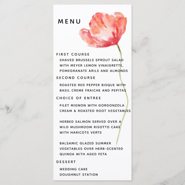 Elegant and Modern Poppy Red Wedding Menu (Front)