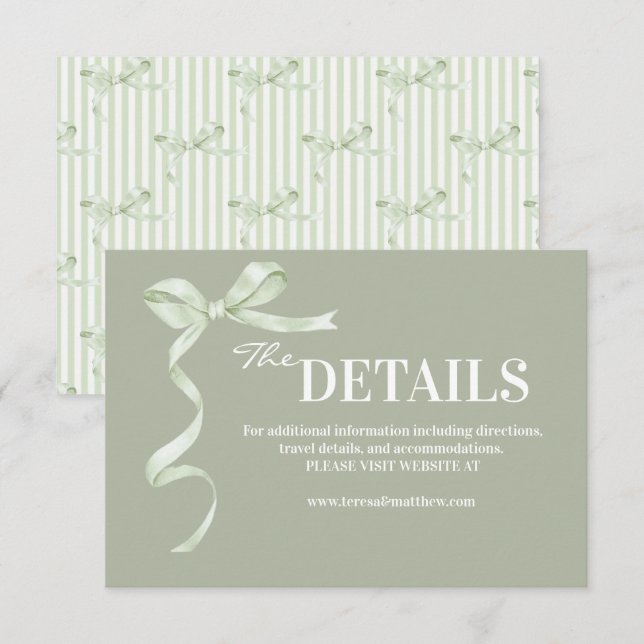 Elegant and Modern Sage Bow  Wedding Enclosure Card (Front/Back)