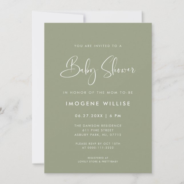 Elegant and modern Sage Green Baby Shower Invitation (Front)