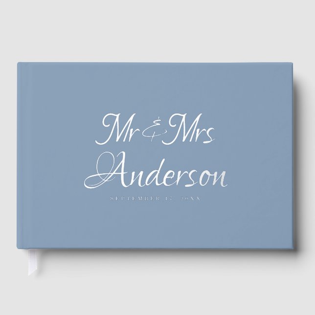 Elegant and Modern Script Dusty Blue Wedding Guest Book (Front)
