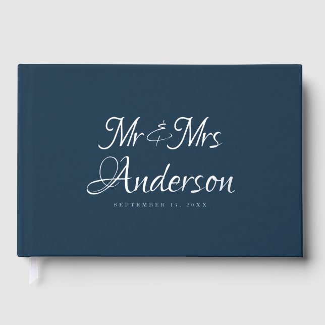 Elegant and Modern Script Navy Blue Wedding Guest Book (Front)