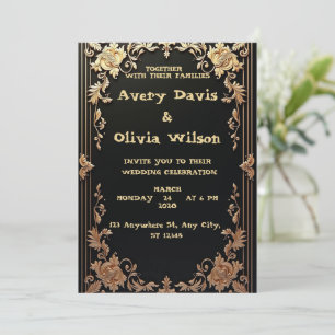 Elegant and ornate wedding invitation in soft blac