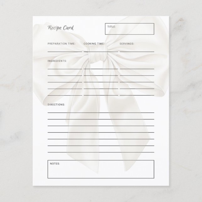 Elegant and Simple Bow Theme Bridal Recipe Card (Front)