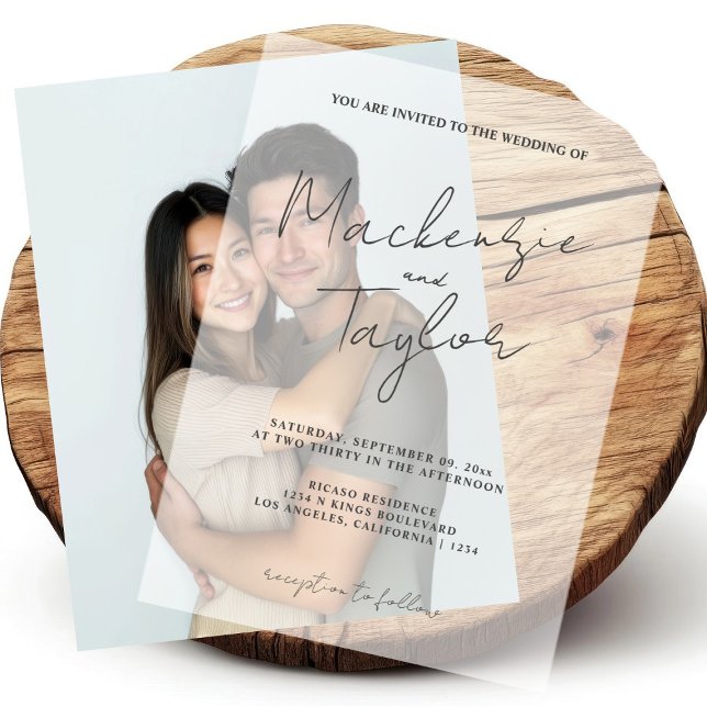 Elegant and Simple Minimalist Script Vellum Invitations (Elegant and Simple Minimalist Script Vellum Invitations by Ricaso. photo overlay wedding invites)