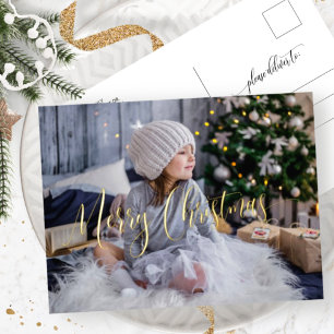 Elegant and Simple Real Foil Photo Merry Christmas Foil Holiday Postcard