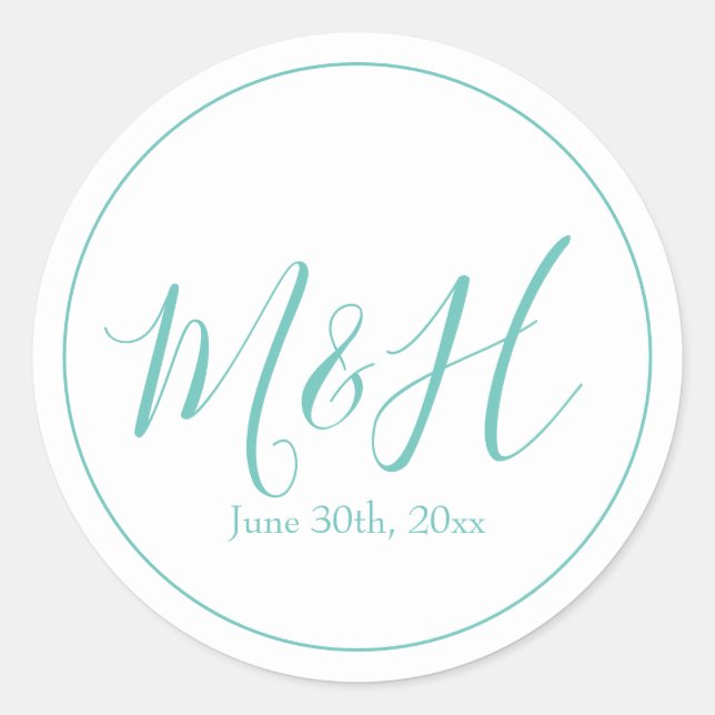 Elegant and Simple Teal Monogram Wedding Classic Round Sticker (Front)