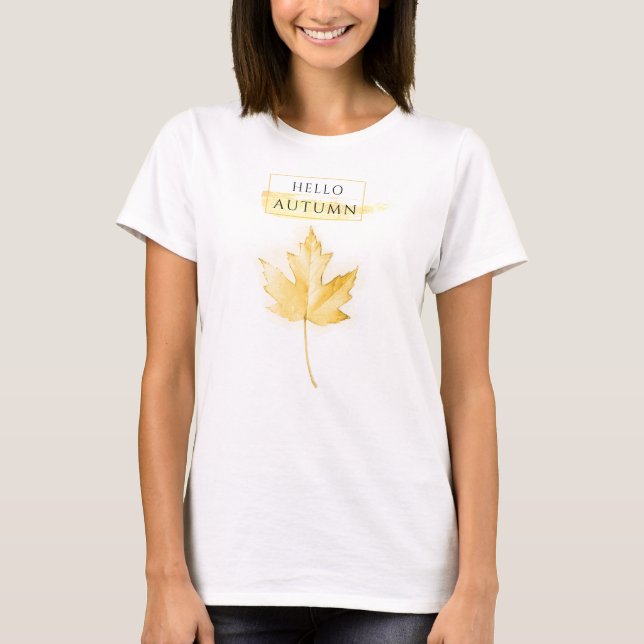 Elegant and Trendy Golden Autumn Leaf Drawing T-Shirt (Front)