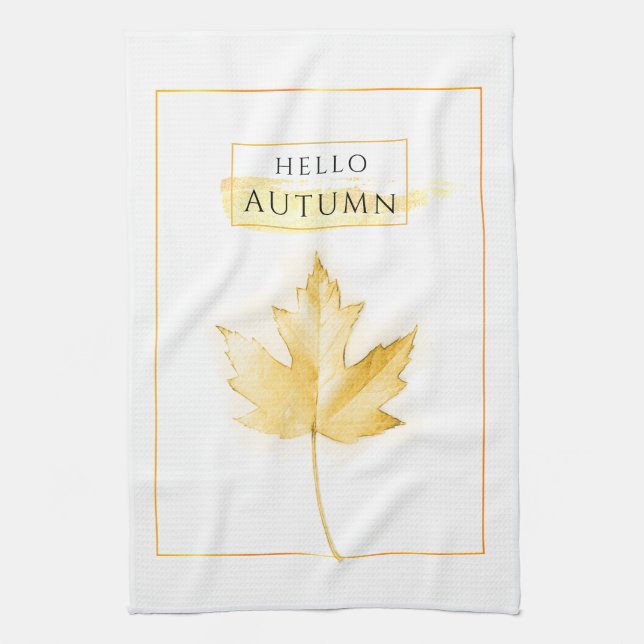 Elegant and Trendy Golden Autumn Leaf Drawing Tea Towel (Vertical)