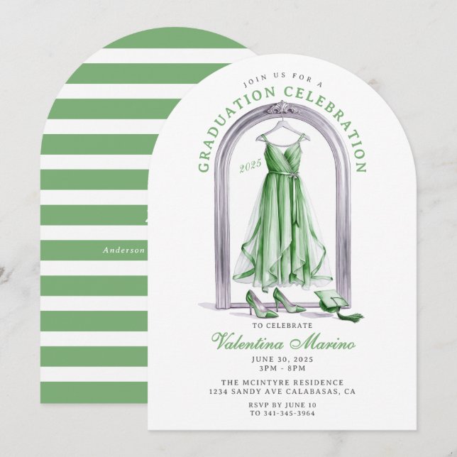 Elegant and Whimsical Green Dress Graduation   Invitation (Front/Back)