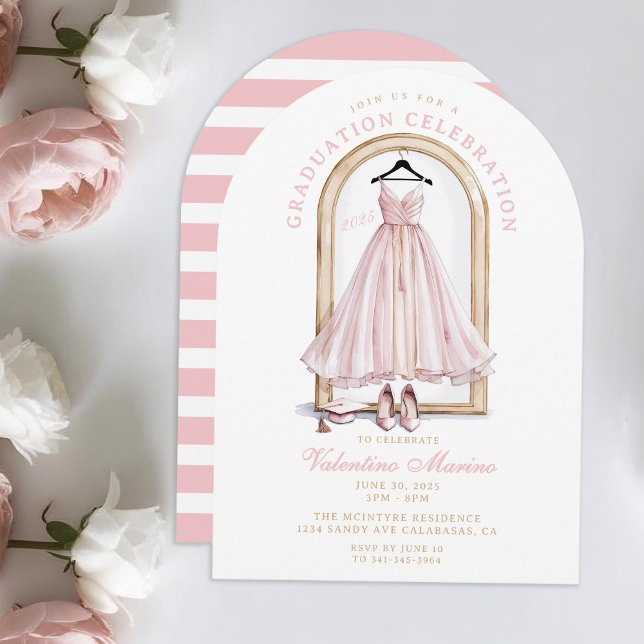 Elegant and Whimsical Pink Dress Graduation   Invitation (Elegant Pink Dress and Graduation Cap with heels. Elegant Pink Graduation Invitation)