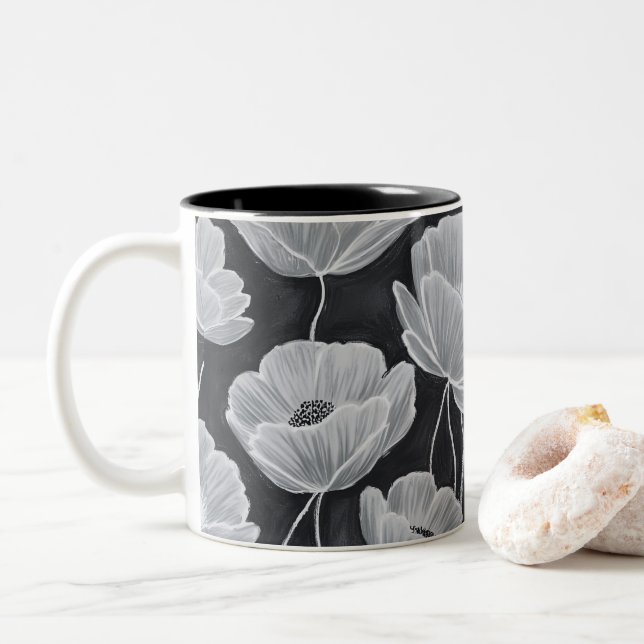 Elegant and Whimsical Poppies Two-Tone Coffee Mug (With Donut)