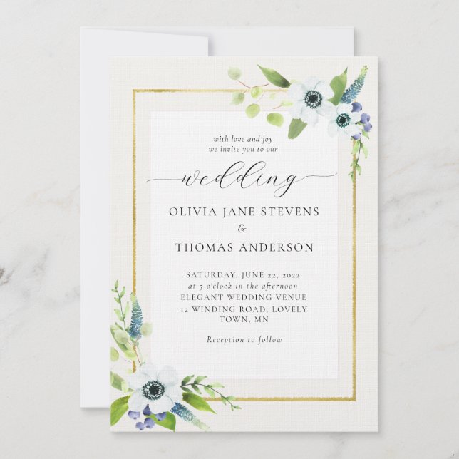 Elegant Anemone Blue Gold Floral Frame Wedding Invitation (Front)
