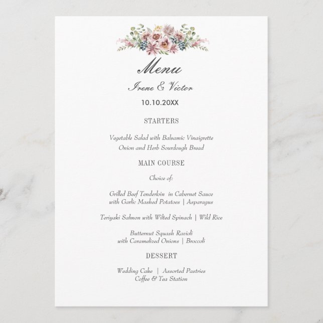 Elegant Anemone Dark grey Wedding or Party Menu (Front)