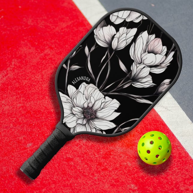Elegant Anemone Floral Custom Name Black Pickleball Paddle (Creator Uploaded)