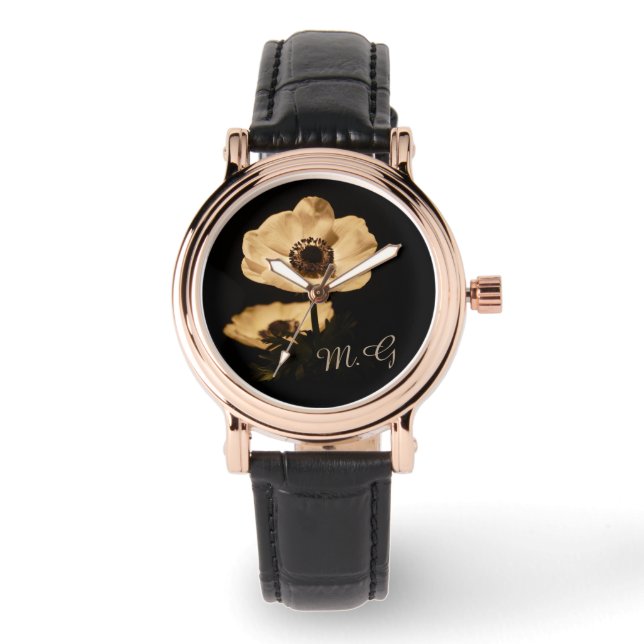 Elegant Anemone Flower Black Monogram Watch (Front)