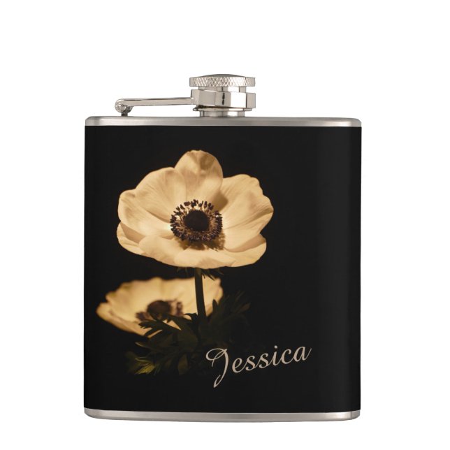 Elegant Anemone Flower Black Personalised Hip Flask (Front)