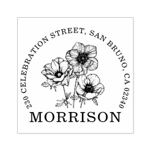 Elegant Anemone Flowers Name Round Return Address Rubber Stamp