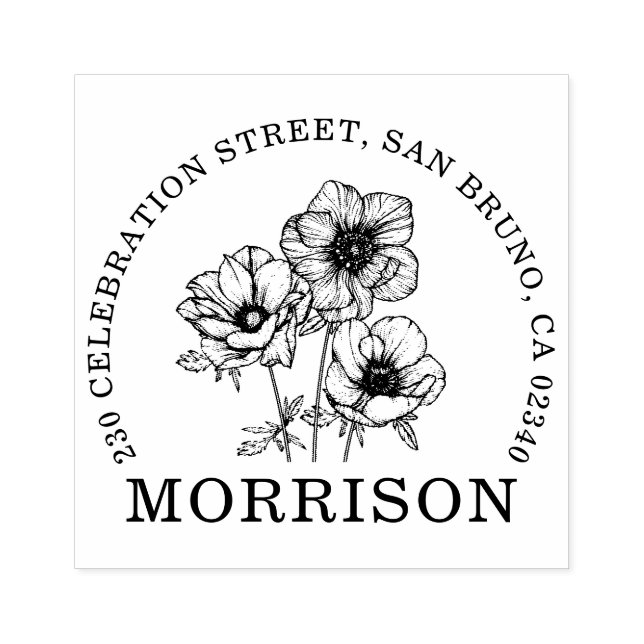 Elegant Anemone Flowers Name Round Return Address Rubber Stamp (Imprint)