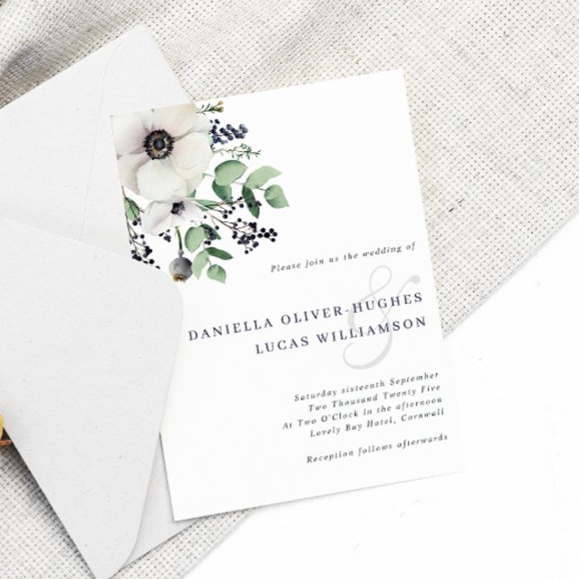 Elegant Anemone & Navy Winter Berries Wedding Invitation (Creator Uploaded)
