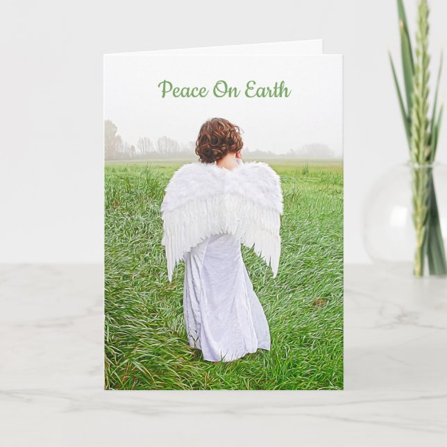 Elegant Angel Peace On Earth White Green Holiday Card (Front)
