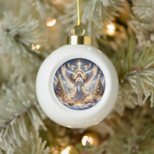 Elegant Angelic Holiday Scene with Christmas Trees Ceramic Ball Christmas Ornament