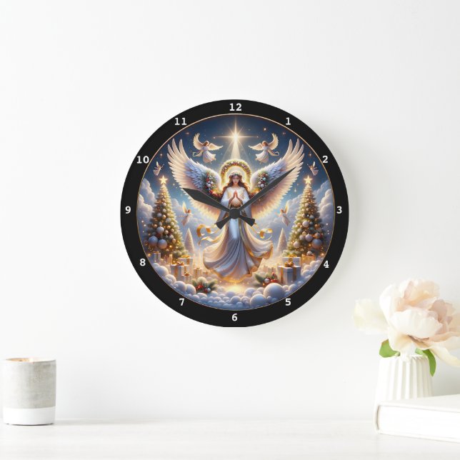 Elegant Angelic Holiday Scene with Christmas Trees Large Clock (Home)