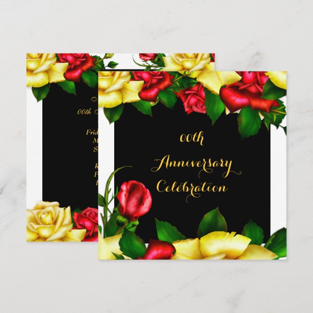 Elegant Anniversary Party Red Yellow Roses 3 Invitation (Front/Back)