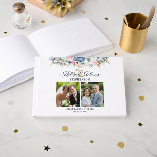 Elegant Anniversary Watercolor Floral 2 Photos Guest Book