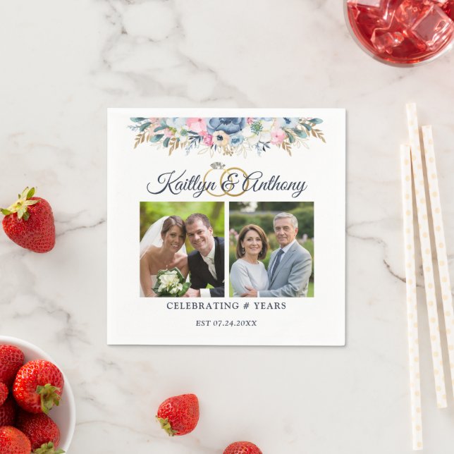 Elegant Anniversary Watercolor Floral 2 Photos Napkin (Insitu)
