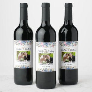 Elegant Anniversary Watercolor Floral Photo Rings Wine Label