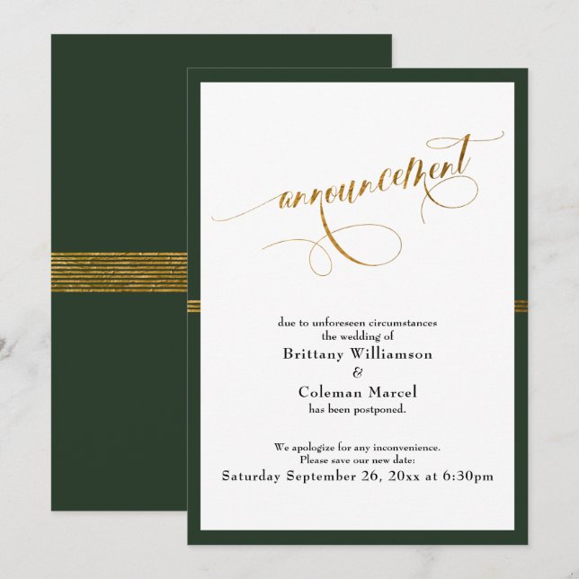 Elegant Announcement Green & Gold Stripe Card (Front/Back)